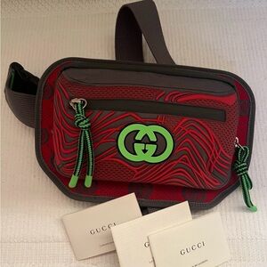 Gucci Red Sculpted Logo Belt Bag with Neon Green Emblem